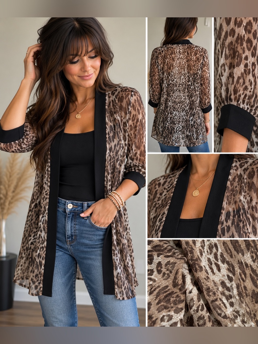 Signature Collection S Animal Print Sheer Open Front Cardigan Duster